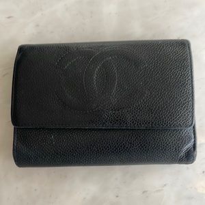 Authentic black Caviar leather Chanel wallet. Well loved. Hate to let go.